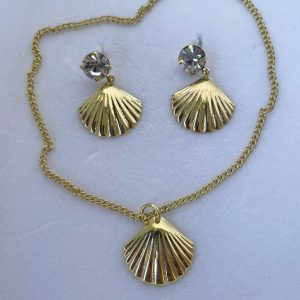 Conjunto gargantilha e brinco banhado concha pino zircônia