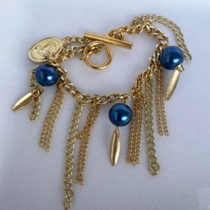 Pulseira Correntes Douradas com bolas de Vidro Azul