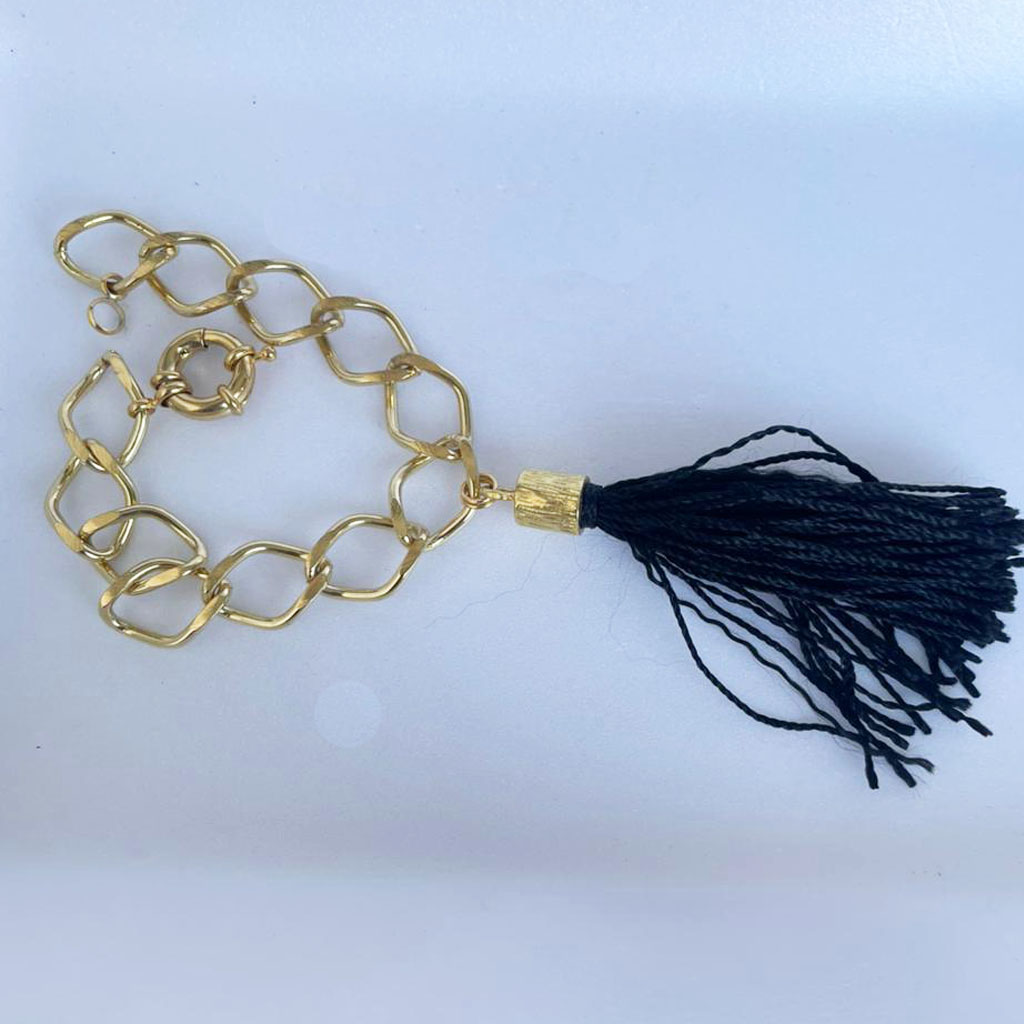 Pulseira Corrente Grossa Dourada Fecho Boia e Franja Tassel