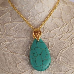 Colar Dourado Gota Grande Turquesa e Corrente Banhada