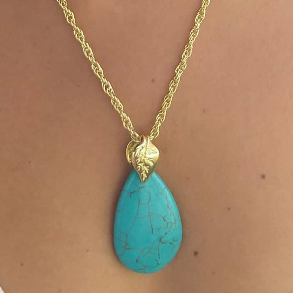 Colar Dourado Gota Grande Turquesa e Corrente Banhada - Imagem 2