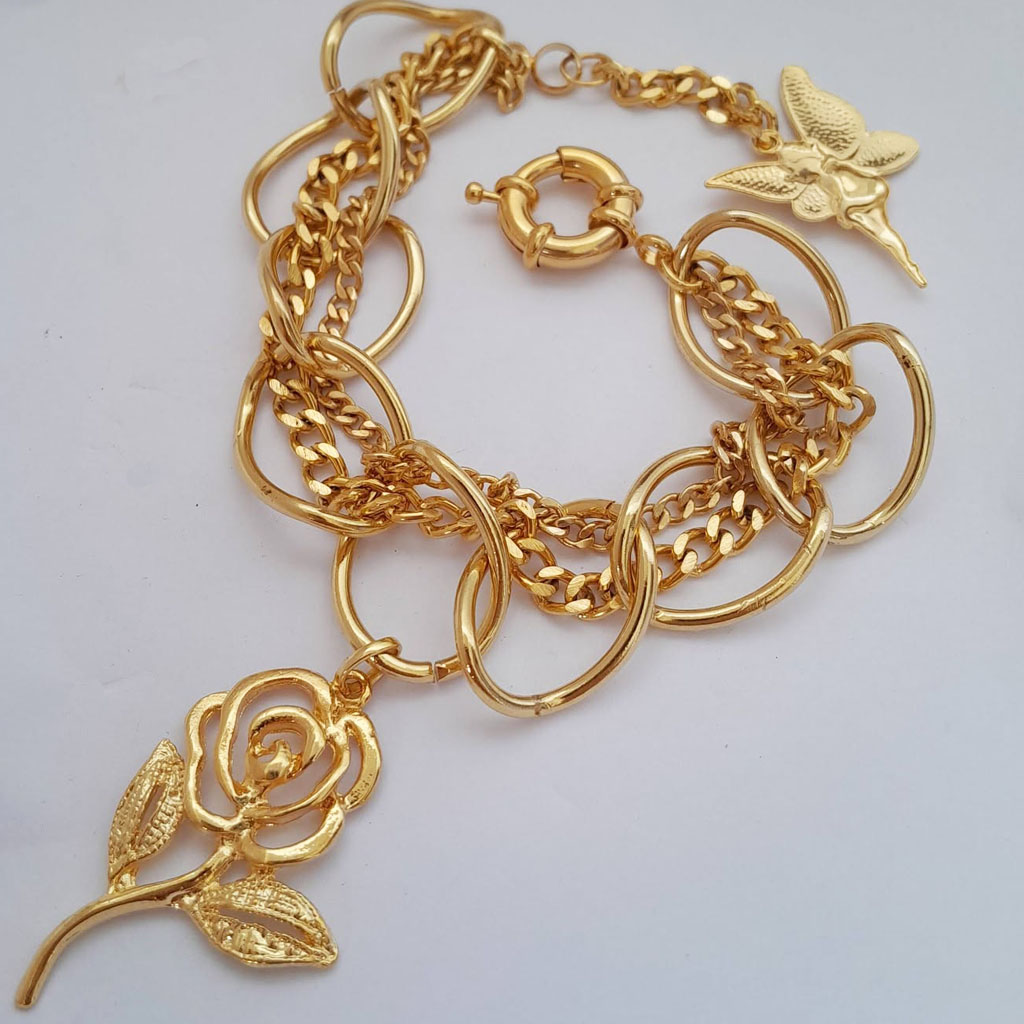 Pulseira Correntes Douradas com Pingentes Banhado - Imagem 8
